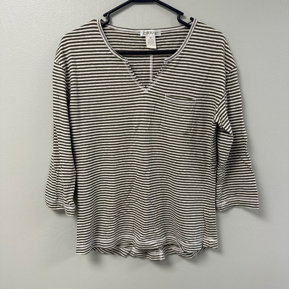 Orvis Hemp Cotton Striped 3/4 Sleeve Top Olive Green White Size Medium